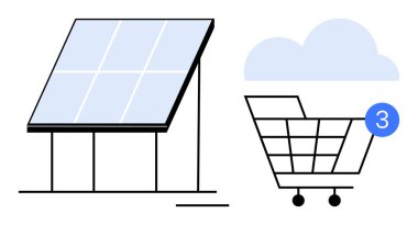 Güneş paneli bir alışveriş arabasının yanında, bulutların altında üç uyarı var. E-ticaret, sürdürülebilirlik, yenilenebilir enerji, teknoloji, çevrimiçi alışveriş, dijital pazarlama için ideal