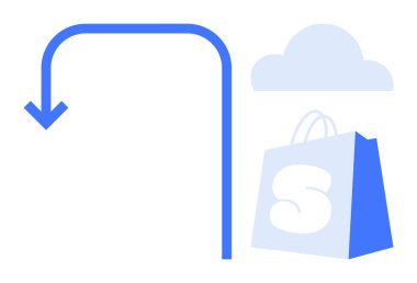 Aşağıya bakan mavi ok, arka planda S ve bulut şeklinde büyük bir alışveriş çantası. E-ticaret, alışveriş, bulut depolama, teslimat ve çevrimiçi perakende temaları için ideal. Sakin ol minimalist