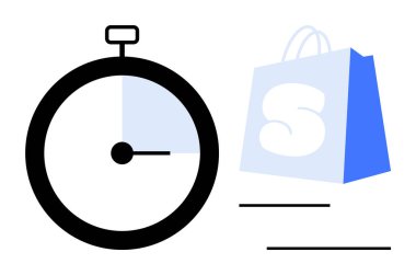 Analog zamanlayıcı ve mavi alışveriş çantası, e-ticaret dağıtım hızı çevrimiçi alışveriş verimliliği lojistik zaman yönetimi ve hızlı işlemler için idealdir.