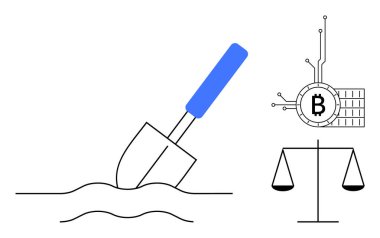 Mavi kürek Bitcoin sembolü yakınındaki toprağı kazıyor ve denge ölçeğinde devreler çiziyor. Kripto para birimi, madencilik, dijital finans, engelleme zinciri, teknoloji çizimleri için ideal. Basit modern biçim