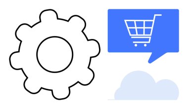 Vites simgesi ayarları temsil ediyor, alışveriş arabalı konuşma balonu e-ticareti simgeliyor, bulut simgesi. Çevrimiçi alışveriş platformları, uygulama geliştirme, bulut hizmetleri, dijital pazarlama, web sitesi için ideal