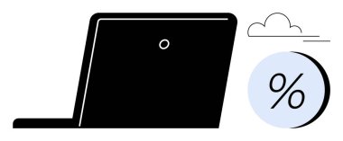 Verimliliği ve bulut depolamayı vurgulayan dizüstü bilgisayar, yüzde sembolü olan daire ilerlemeyi gösteriyor. İş, teknoloji, veri analizi, bulut hesaplaması, çevrimiçi iş, yazılım için ideal