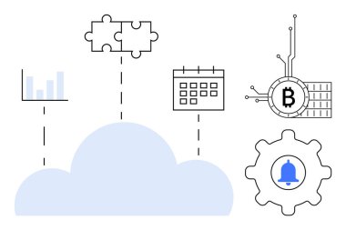 Takvim, bulmaca parçaları, grafik, uyarı zilli ekipman ve devrelerle bağlantılı kripto para birimi sembolleri içeren bir bulut. Teknoloji için ideal, bulut hesaplama, zamanlama, veri