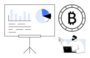 Sunum panosundaki dizüstü bilgisayarlı adam çizelgeleri ve Bitcoin sembolünü gösteriyor. Finans, kripto para birimi, sunumlar, analitik, teknoloji, eğitim ve yatırım için ideal. Satır metaforu