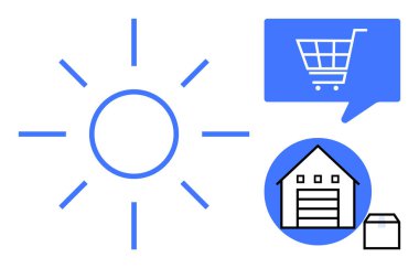 Parlak mavi güneş, konuşma balonunun içindeki alışveriş arabası, paket ikonlu depo. E-ticaret, lojistik, enerji çözümleri, çevrimiçi alışveriş, teslimatlar, tedarik zinciri, sürdürülebilir
