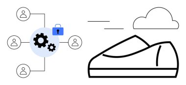 İnsanlar, yüksek süratli bir araçla zıtlaşan bir asma kilidi temsil eden bir vites etrafında birbirlerine bağlılar. Takım çalışması, yenilik, güvenlik, bağlantı, teknoloji ve hız için ideal