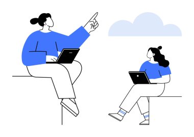 Dizüstü bilgisayarlı iki meslektaş, biri gökyüzünü gösteren ve her ikisi de rahat bir şekilde oturan bir tartışmaya giriştiler. Takım çalışması, beyin fırtınası, açık hava toplantıları, teknoloji işbirliği, fikir paylaşımı için ideal.