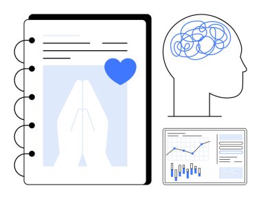 Dua eden elleri ve kalbi olan bir defter, insan kafasının içinde karmakarışık bir beyin, ekranda istatistiksel veri tablosu. Sağlık programları, ruh sağlığı kampanyaları, terapi seansları, eğitim programları için ideal