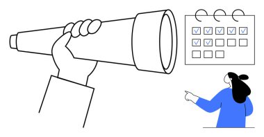 Kişi takvimine işaretlenmiş kutular ile el ele tutuşan teleskop planlama için idealdir ve, organizasyon zaman yönetimi hedefi gelecekteki görünüm çizelgesi ve üretkenlik düz vektörünü belirler