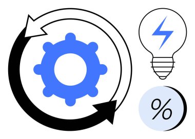 Dönme okları olan dişliler iş akışını ve süreci simgeler, ampul fikirleri ve yeniliği simgeler, istatistiksel bağlantı yüzdesi. Teknoloji, mühendislik ve iş stratejisi için ideal
