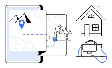 Dağlardan kaleye giden yolu gösteren dijital harita bir tablette sergileniyor. Yakınlarda modern bir ev ve bir seyahat çantası var. Seyahat uygulamaları, seyrüsefer hizmetleri, turizm kampanyaları, ev kiraları için ideal