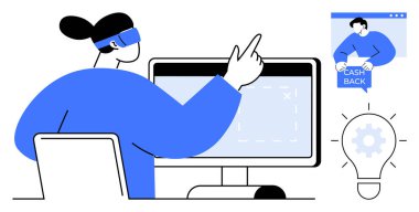 VR kulaklık takan bir kadın bilgisayar ekranı ile etkileşime girerken bir yandan da nakit teklif sunuyor. Çevrimiçi alışveriş, geri ödeme ödülleri, dijital pazarlama, VR teknolojisi ve yenilikçi fikirler için ideal