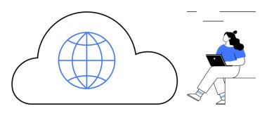 Küresel bulut, dizüstü bilgisayarla oturan kişinin yanında, bağlantıyı temsil eder. Çevrimiçi eğitim, bulut hesaplama, uzak çalışma, dijital erişim, küresel iletişim, teknolojik gelişmeler için ideal