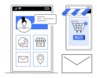 Profil, araba, temas ve konum simgelerini içeren iki mobil ekran. Ekommerce, mobil uygulamalar, çevrimiçi alışveriş, iletişim ve kullanıcı arayüzü tasarımı için ideal. Minimalist vektör biçimi