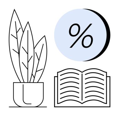 Büyük yapraklı saksı bitkisi, açık bir kitap ve mavi dairenin içinde yüzde işareti. Eğitim materyalleri, finans hizmetleri, ev dekorasyonu, asgari tasarım, doğa temaları, öğrenme için ideal
