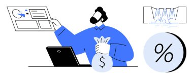 Elinde para çantası olan bir iş adamı, haritadaki verilere bakıyor, dizüstü bilgisayarın başında oturuyor. Şelale şeması ve yüzde ikonu. Finans, yatırım, gelir, gelir, kar, analiz, iş için ideal