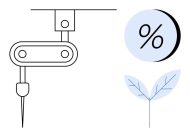 Harekete hazır robot kol, mavi dairede yüzde işareti ve iki narin bitki yaprağı. Teknoloji, yenilik, endüstri, otomasyon, finans, büyüme, sürdürülebilirlik temaları için idealdir. Çizgi