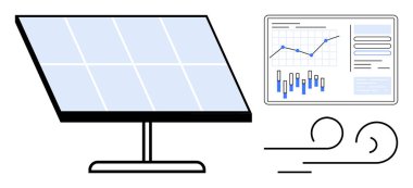 Büyüme grafikleri, çubukları ve rüzgar simgelerini gösteren bir performans tablosunun yanında güneş enerjisi paneli. Yenilenebilir enerji, teknoloji, sürdürülebilirlik, araştırma, veri analizi ve yeşil girişimler için ideal