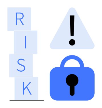 Yığılmış bloklar RISK yazılıyor üçgenin içinde bir ünlem işareti ve mavi bir asma kilit. Güvenlik farkındalığı, risk yönetimi, tetikte olma, iş ve teknoloji için ideal. Basit vektör biçimi