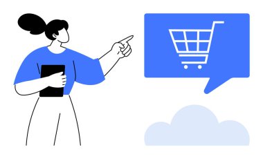 Elinde tablet bulunan kadın mavi konuşma baloncuğunun içindeki alışveriş arabasının sembolünü gösteriyor. Çevrimiçi alışveriş, e-ticaret, dijital pazarlama, perakende satış, promosyonlar, müşteri hizmetleri, kullanıcı deneyimi için ideal. Çizgi