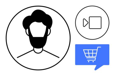 Bir çemberin içindeki kişinin basit bir taslağı, video çağrı ikonu, ve bir konuşma balonunda mavi alışveriş arabası sembolü. Dijital iletişim için ideal, sosyal medya, e-ticaret, çevrimiçi toplantılar, sanal