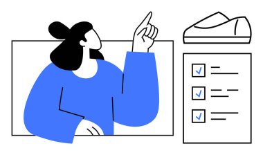 Kadının internetteki alışveriş arayüzü ile etkileşimi ayakkabı ve kontrol listesi içeriyor. E-ticaret, dijital pazarlama, müşteri hizmetleri, kullanıcı arayüzü tasarımı, çevrimiçi anketler, ürün değerlendirmeleri için ideal