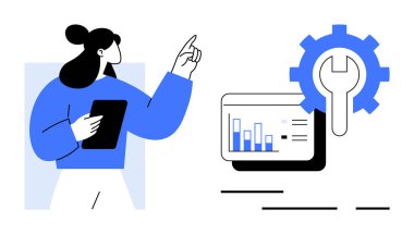 Ekranda vites anahtarı ikonunun yanında bar grafikleri ve analizlerine yönelik tablet jestleri olan bir iş kadını. İş sunumları, veri analizi, süreç iyileştirmesi, danışmanlık ve bilişim için ideal