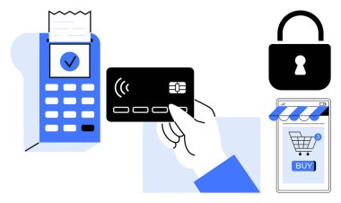 Terminalin yanında el ele tutuşan kredi kartı, temassız ödeme güvencesi olduğunu gösteriyor. Satın alma tuşu ve asma kilidi olan özel bir alışveriş arabası simgesi, güvenli çevrimiçi işlemleri vurguluyor. E-ticaret için ideal