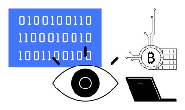 Dijital semboller, ikili kodlu mavi bir panel, bir göz, devrelere bağlı bir Bitcoin sembolü ve bir dizüstü bilgisayar. Teknoloji için ideal siber güvenlik kodlama engelleme zinciri ve kripto para birimi
