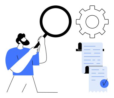 Elinde büyüteç tutan adam bir belgeyi inceliyor. Arka planda ayarları temsil eden bir dişli sembolü var. İş araştırmaları, ayarlar, analizler, denetleme, kalite kontrol için ideal. Modern