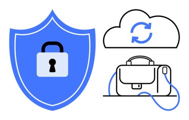 Kilitli bir kalkan, bulut sembolünde dönen oklar ve profesyonel evrak çantası. Siber güvenlik, veri koruması, bulut depolama, iş güvenliği, bilgi teknolojisi, veri yedeği için ideal