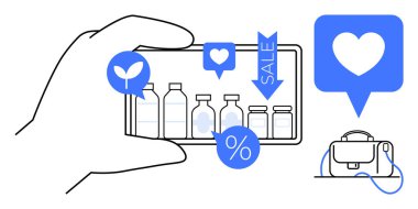 Satış etiketli ve yüzde simgeli ürünleri gösteren akıllı bir telefon tutan eller, kalp ve bitki içeren konuşma balonu simgeleri. E-ticaret, dijital pazarlama, mobil uygulamalar, tüketici davranışı için ideal