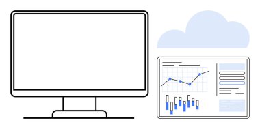 Tablolar, çizgiler, grafikler, bulut sembolleri olan bir veri analiz ekranının yanında bilgisayar monitörü. Teknoloji sunumları, veri görselleştirmesi, bulut hesaplaması, iş stratejisi, analitik, uzaktan çalışma için ideal