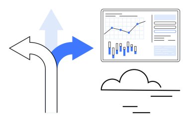 Grafikleri ve grafikleri gösteren dijital ekranın yanında birden fazla yön gösteren okları olan yol işaretleri. Karar verme mekanizması, iş stratejisi, veri analizi, navigasyon, büyüme ve teknoloji için ideal