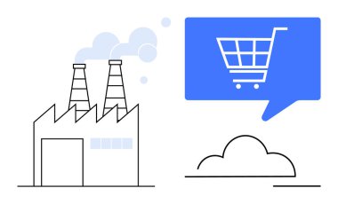 Endüstriyel fabrika mavi alışveriş arabasıyla konuşma balonunda duman yayıyor, endüstriyi ve online alışverişi sembolize ediyor. Üretim, dijital pazarlama, ekonomik büyüme, ticaret ve lojistik için ideal