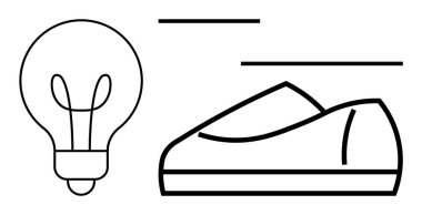 Ampul ve ayakkabı minimalist çizgi sanatı tarzında. Yenilik, yaratıcılık, girişimcilik, motivasyon, verimlilik, tasarım ve markalaşma için idealdir. Satır metaforu