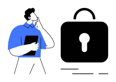 Bir tablet tutan adam, parmakları dudaklarında dalgın, güvenliği temsil eden büyük bir kilit simgesinin yanında duruyor. Teknoloji, siber güvenlik, dijital güvenlik, veri koruması, mahremiyet ve çevrimiçi güvenlik için ideal