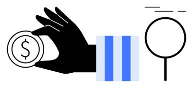 Dolar işareti olan bir bozuk para, büyüteç ve dikey çizgileri olan bir çubuk grafik. İş finansmanı, yatırım, veri araması, mali analiz, piyasa araştırması, ekonomik çalışmalar için ideal