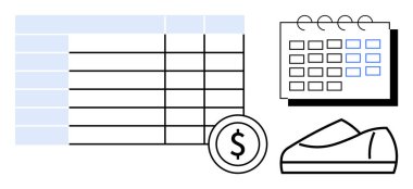 Hesap tablosu, takvim, dolar işareti ve ayakkabı görselleştirme bütçe süreci. Finans, bütçe, planlama, kişisel finans, programlama, harcama takibi ve mali eğitim için idealdir. Çizgi