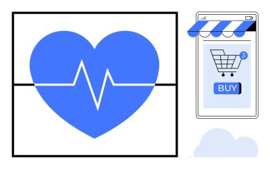 Akıllı telefonun yanındaki kalp atışı monitörlü mavi kalp online alışveriş arabası ikonu sergiliyor ve düğme bildirimi satın alıyor. Çevrimiçi alışveriş e-ticaret sağlık hizmetleri mobil uygulamaları için ideal