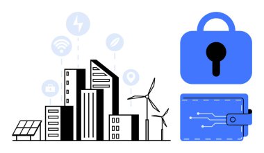 Modern city buildings connected with icons for renewable energy and technology. Wind turbines, solar panels, and security elements like a lock and digital wallet. Ideal for themes Smart Cities clipart