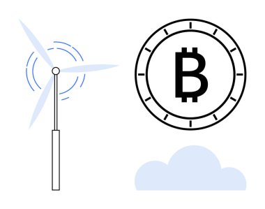 Rüzgar türbini Bitcoin sembolü ve bulutunun yanında güç üretiyor. Çevre dostu kripto para birimini sembolize ediyor. Yenilenebilir enerji, engelleme zinciri, teknoloji, çevre temaları, sürdürülebilir finans için ideal