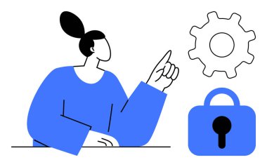 Kadın figürü, güvenlik ayarları ve mahremiyet kavramlarını vurgulayan bir dişli sembolü ve asma kilidi işaret ediyor. Teknoloji, siber güvenlik, kullanıcı arayüzü, gizlilik bilinci, veri koruması için ideal