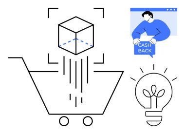 AR entegrasyonu, nakit teklifleri ve sürdürülebilir çözümler için yenilik odaklı e-ticaret temaları. Alışveriş arabası, 3D küp, nakit parası olan kullanıcı, ve bir ampul tasviri e-ticaret, teknoloji