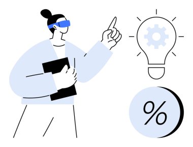 Belgeyi tutarken yukarı doğru bakan VR kulaklık takan kadın, dişli ampul ve yüzde işareti simgesi sergileniyor. Teknoloji, yenilik, sanal gerçeklik, eğitim ve yaratıcılık için ideal