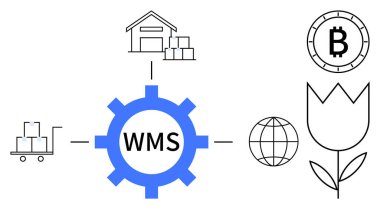 Depoya, tramvaya, Bitcoin 'e, küreye ve laleye bağlı WMS etiketli bir vites. İkmal zinciri, lojistik, finans teknolojisi, küresel ticaret, tarım, engelleme zinciri, depo yönetimi için ideal. Çizgi
