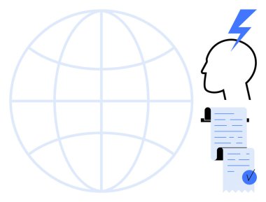 Küreye sahip minimalist ve modern bir tasarım, yıldırımlı bir insan kafası ve dokümanlar. Yenilik, küresel ulaşım, stratejik planlama, yaratıcılık ve belgelendirme konuları için ideal