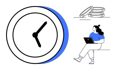 Siyah elli bir saat, otururken dizüstü bilgisayar kullanan biri ve bir yığın bozuk para. Üretkenlik, zaman yönetimi, mali planlama, iş verimliliği, iş hayatı dengesi, uzaktan çalışma için ideal