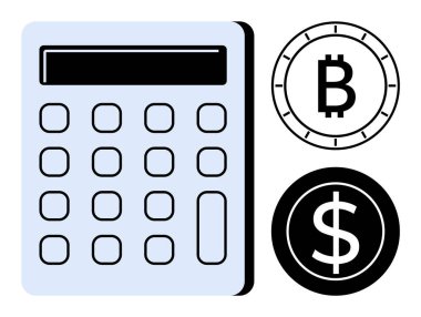 Düğmeleri ve ekranı olan hesap makinesi, Bitcoin ve Dolar para birimi sembolleri. Mali planlama, kripto para hesapları, muhasebe, bütçe, fintech, ekonomik eğitim ve dijital için ideal