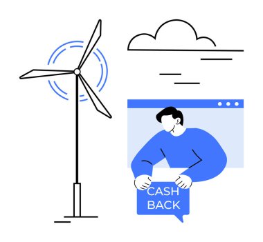 Bulutun yanında bir rüzgar türbini ve elinde para dolu bir mesaj tutan biri. Çevrimiçi alışveriş çevreyle dost yaşam tarzları dijital pazarlama ve finansal tasarruflar için ideal